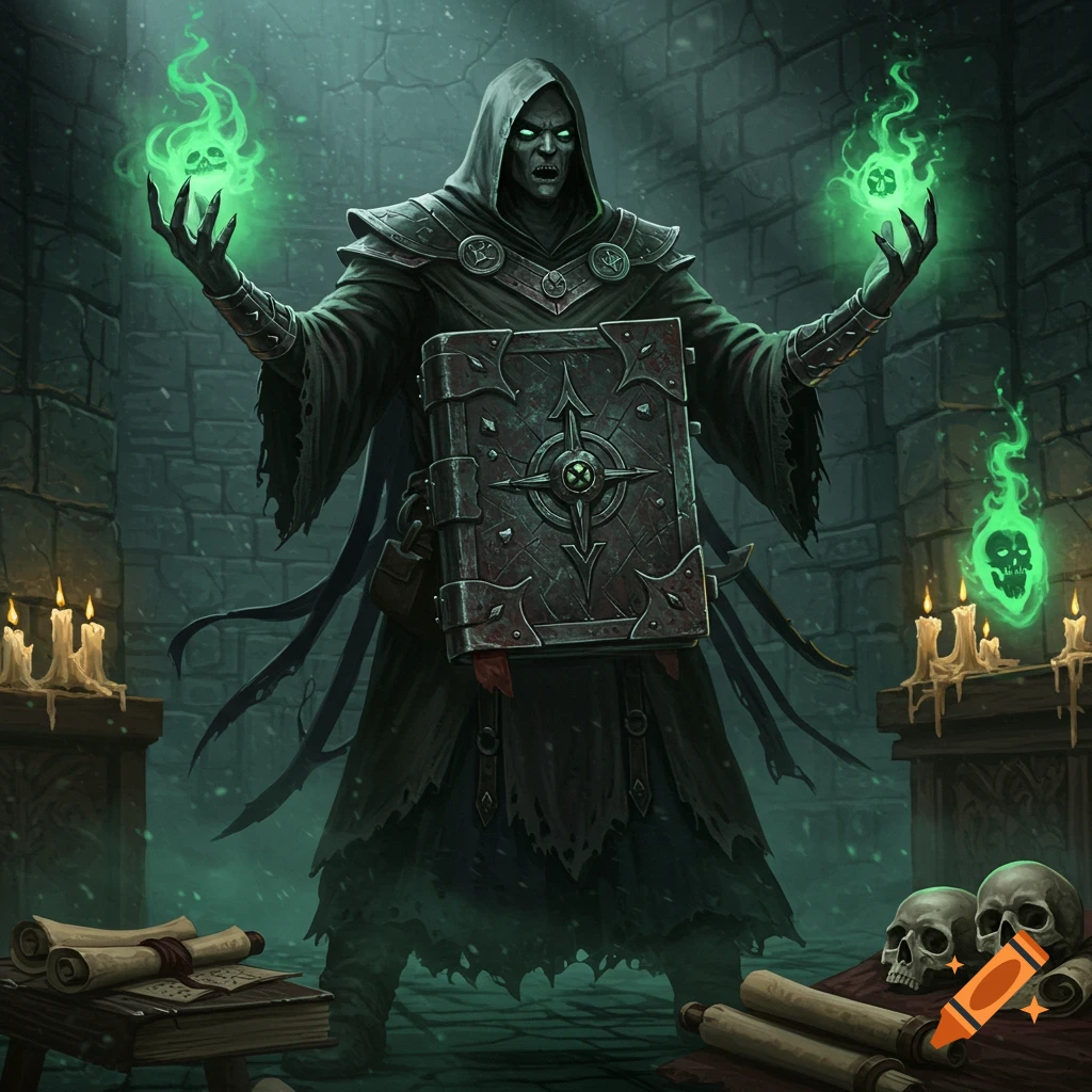 A cloaked necromancer with green glowing eyes holds a large, metal-bound spellbook, summoning green skull-shaped flames in a dark dungeon with skulls and scrolls.