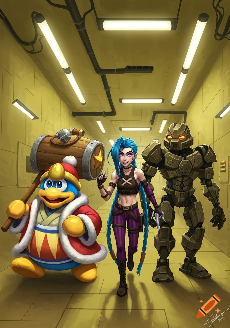 King Dedede, Jinx, and a robot walk through a yellow, industrial corridor with bright lights.