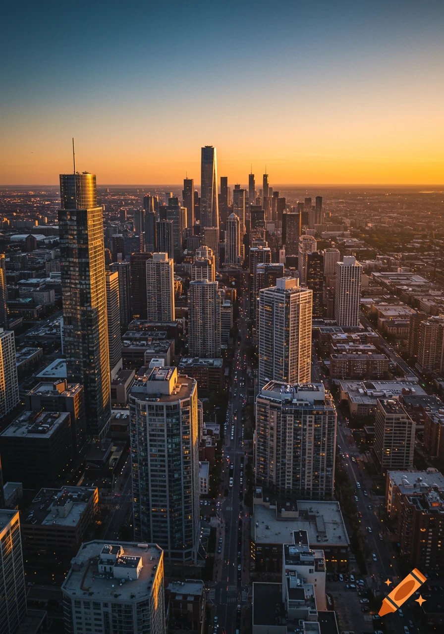 Aerial view of a sprawling modern cityscape with towering skyscrapers at sunset, bathed in warm orange and blue light.