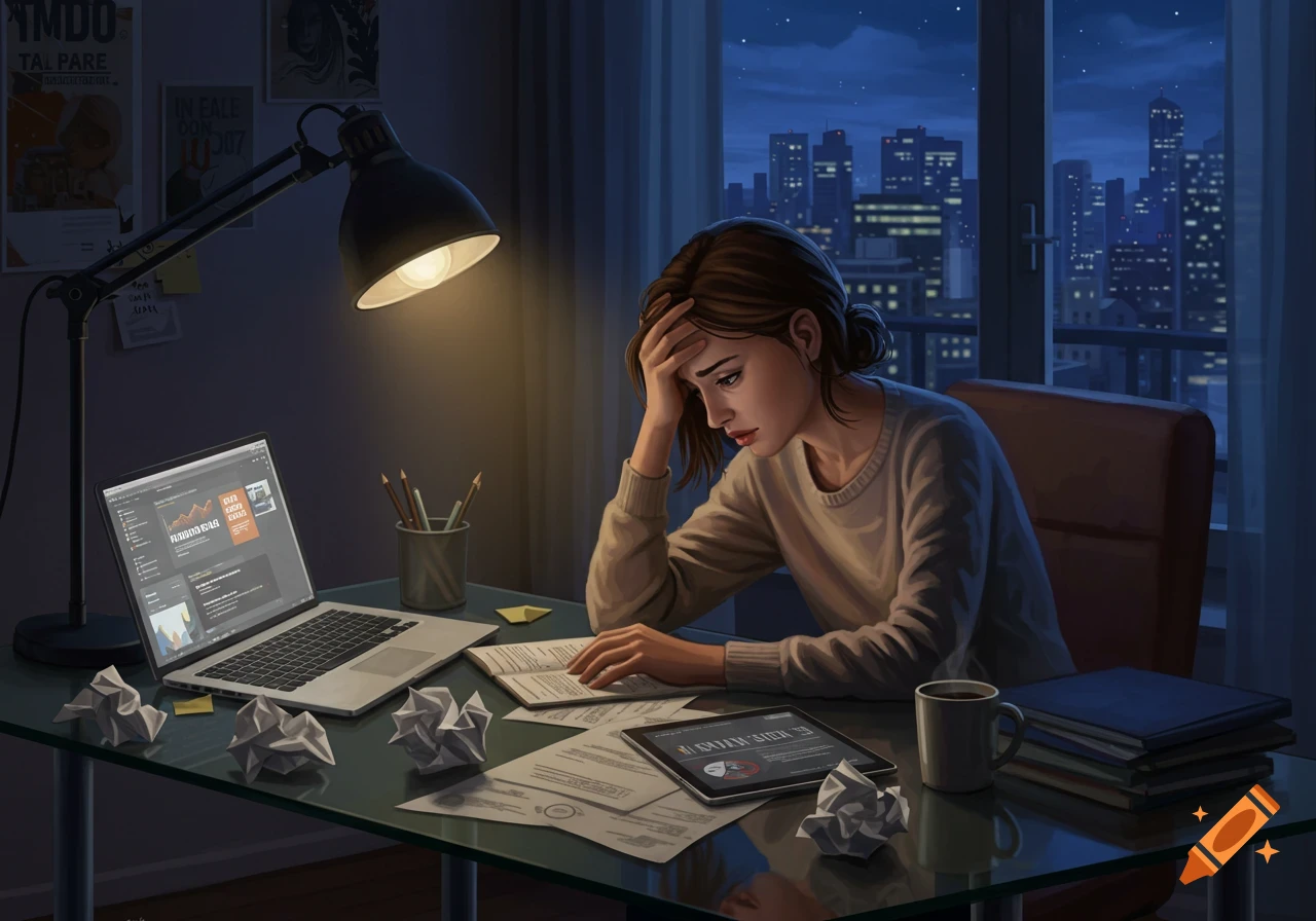 A frustrated woman sits at a desk in a dimly lit room at night, head in hand, surrounded by crumpled papers and a laptop showing business data, with a cityscape visible outside the window.