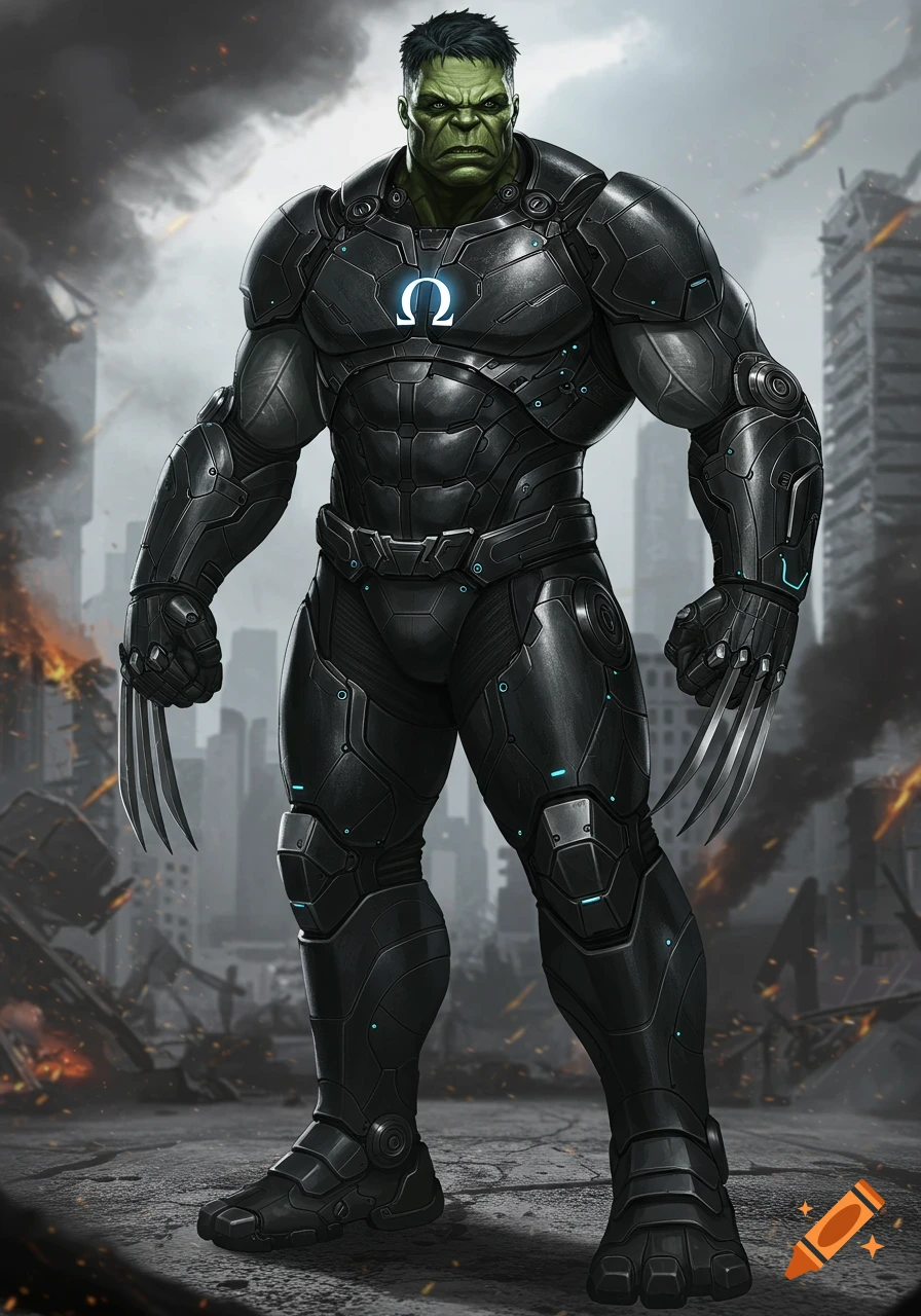 A green-skinned Hulk-like figure with Wolverine claws, wearing black battle armor with a glowing blue Omega symbol on his chest, stands in a destroyed city.
