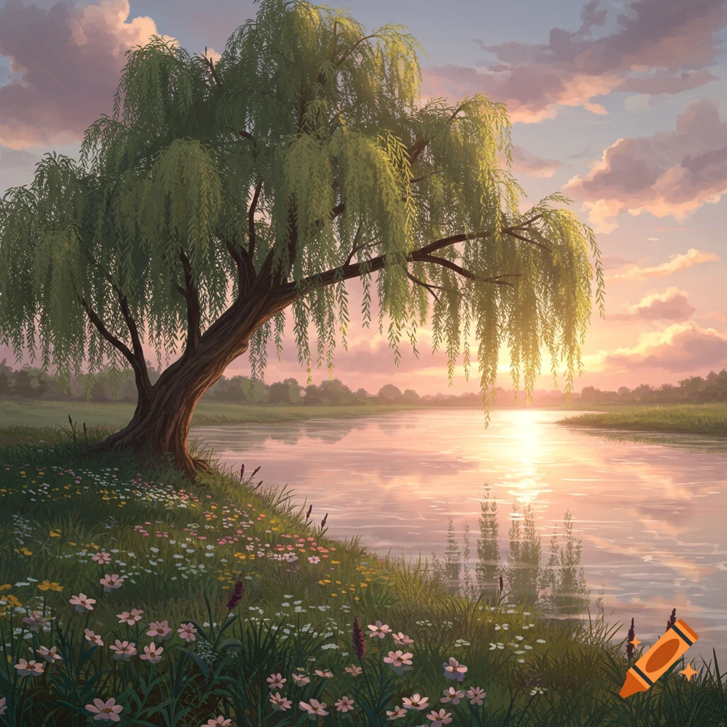 A willow tree stands by a river at sunset, with wildflowers blooming in the foreground, in a serene painted style.
