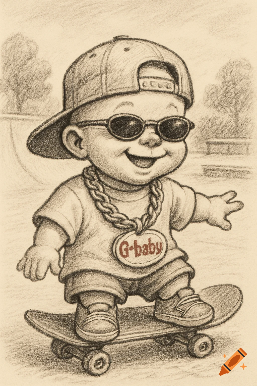 Pencil sketch of a cool baby in a backward cap, sunglasses, and a 'G-baby' gold chain, riding a skateboard.