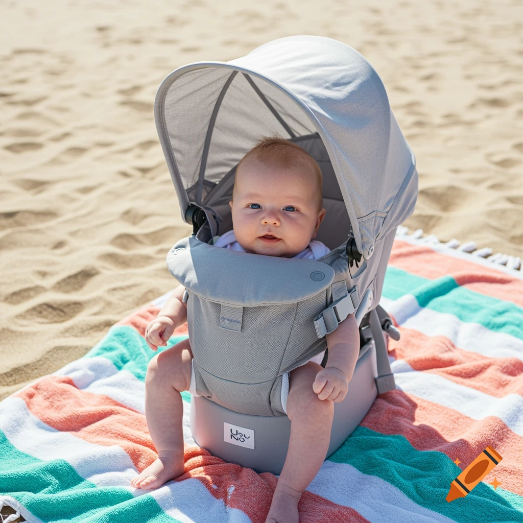 A baby with blue eyes sits in a gray carrier with a sunshade on a striped beach towel on a sandy beach.