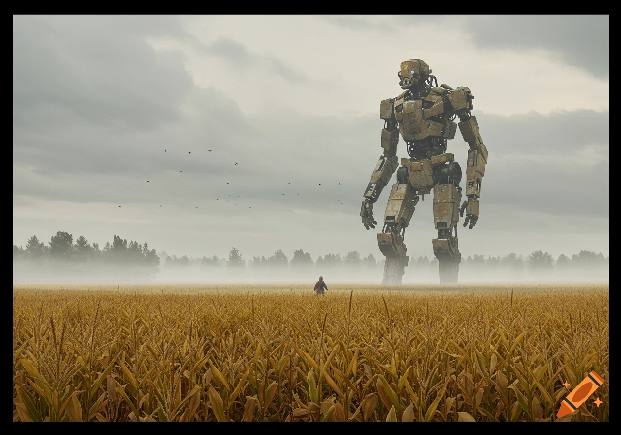 A giant, rusty robot and a small figure stand in a vast, misty cornfield under a cloudy sky. Dystopian sci-fi art.
