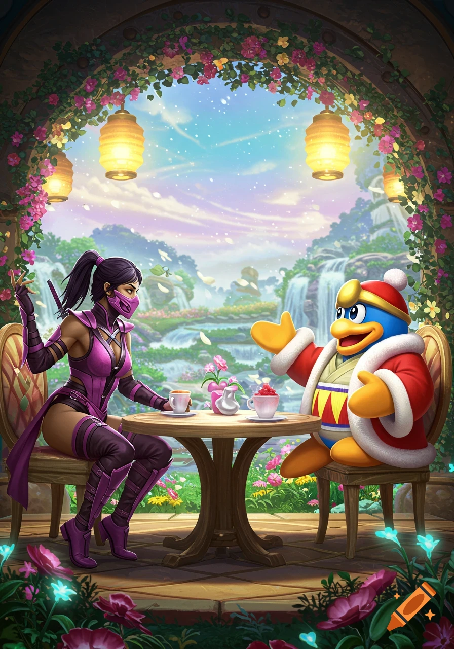 Mileena from Mortal Kombat and King Dedede from Kirby on a tea date in a lush, flowery garden with waterfalls.