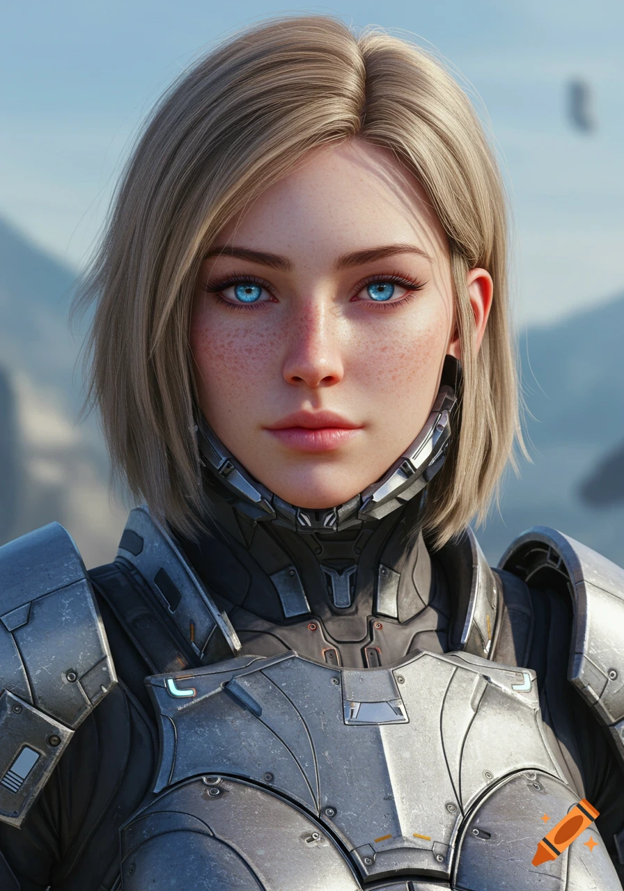 Realistic digital portrait of a woman with blonde hair, blue eyes, and freckles, wearing futuristic metallic armor.
