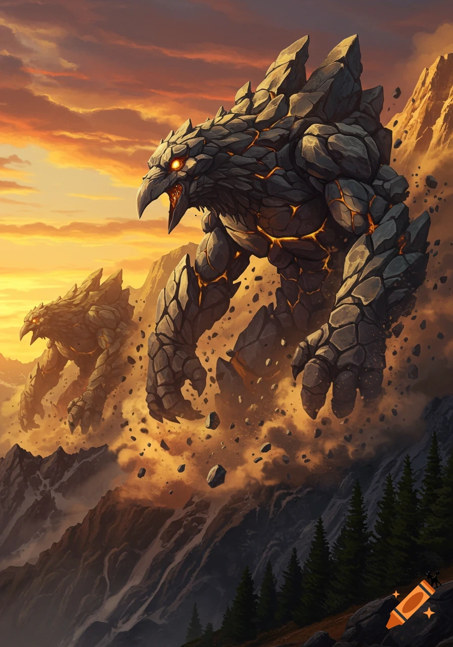 Two gigantic raven-like rock monsters with glowing eyes slide down a mountain, creating a rockslide under a fiery sunset. A tiny human observes.