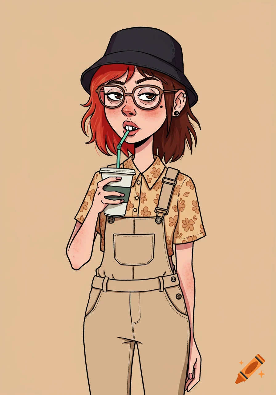 Cartoon woman with two-tone hair, bucket hat, and glasses, wearing overalls and a floral shirt, sipping from a cup with a snarky look.
