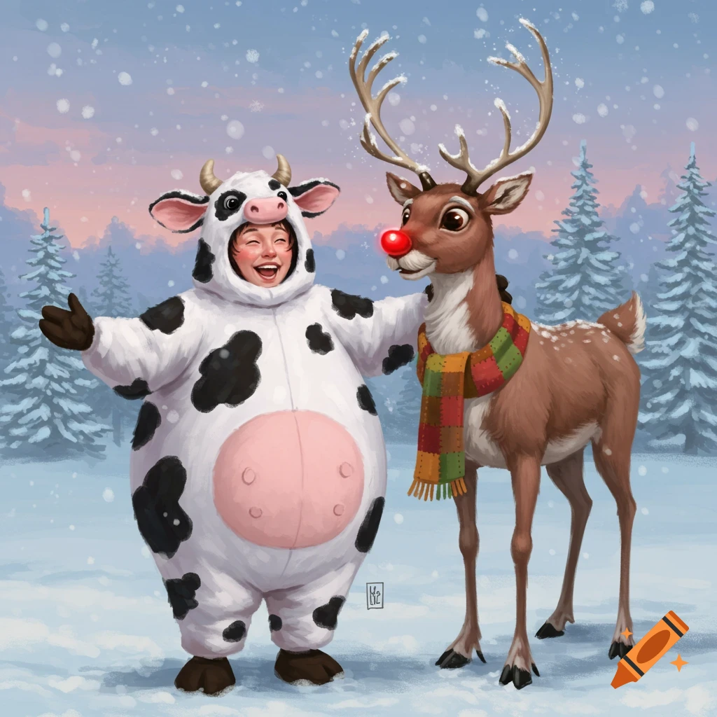 A person in a fluffy black and white cow costume smiles next to Rudolph the Red-Nosed Reindeer, both standing in a snowy forest.