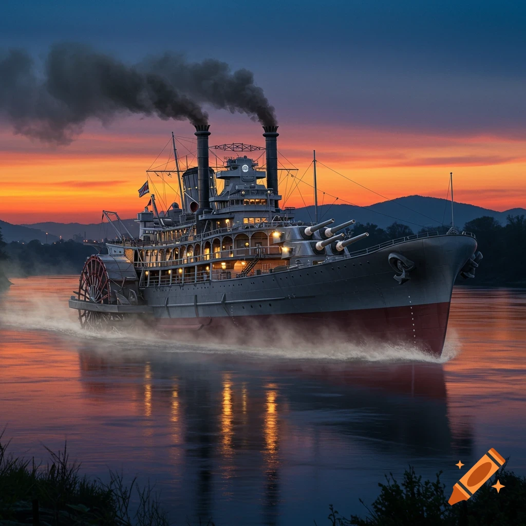 A powerful hybrid battleship-steamboat sails on a river at sunset, emitting dark smoke, with the sky ablaze in orange and purple.