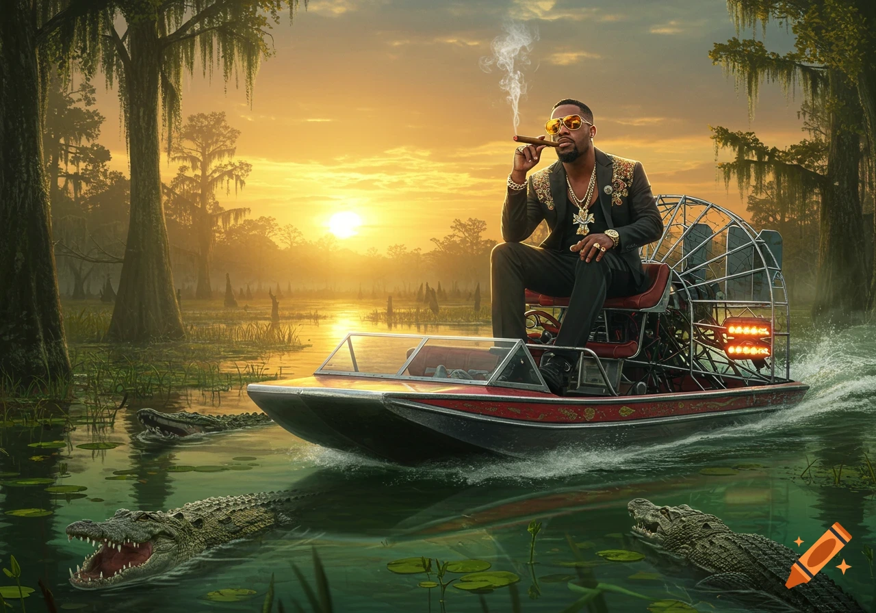 A stylish man in a suit and sunglasses smokes a cigar while driving an airboat through a swamp at sunset, surrounded by crocodiles.