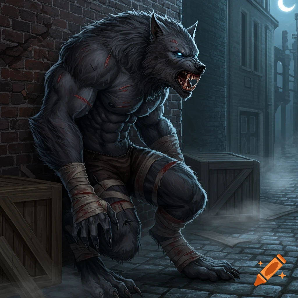 Dark grey werewolf with glowing blue eyes, scars, and bloody bandages, snarling fiercely against a brick wall in a dark alley at night.
