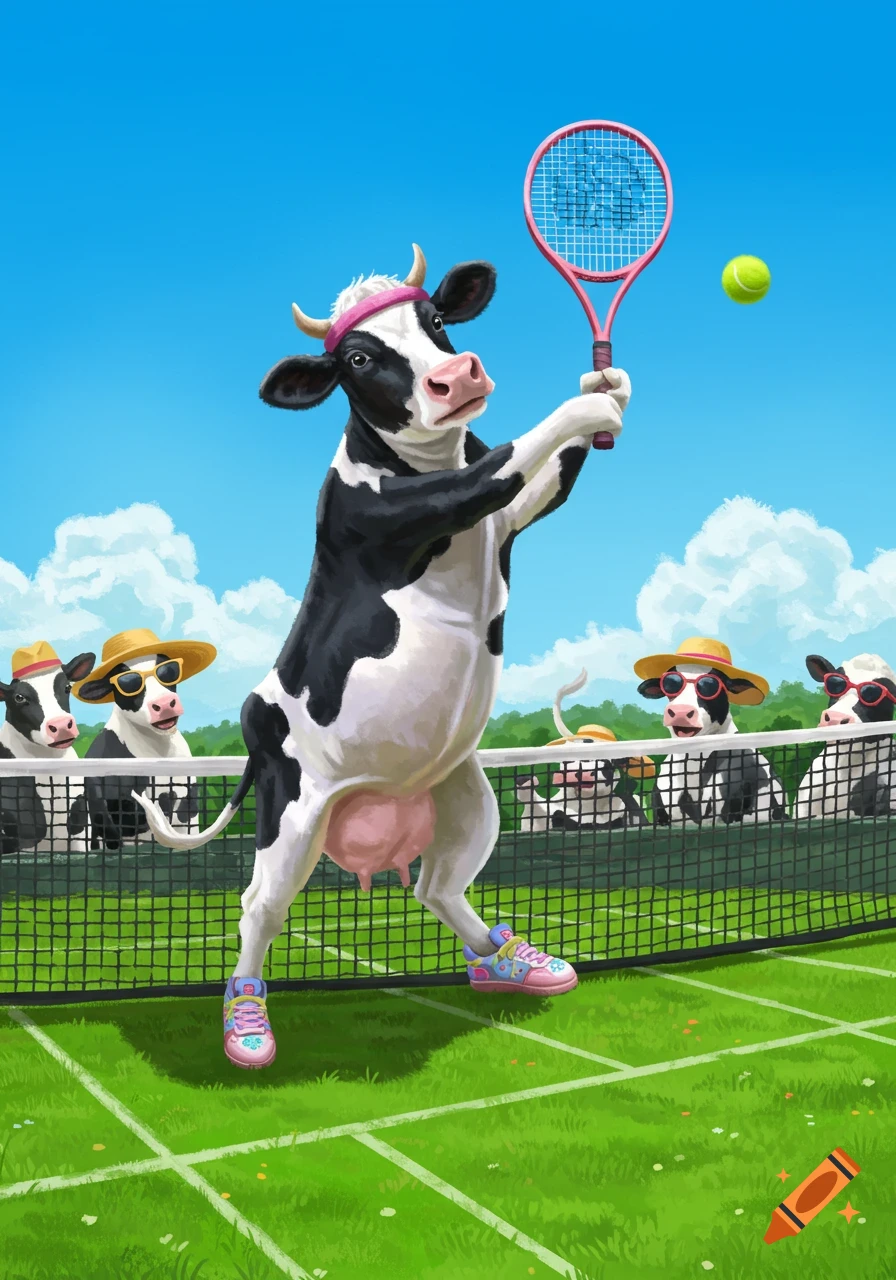 A cartoon cow in a pink headband and sneakers plays tennis on a green court, hitting a ball, while other cows in hats and sunglasses watch.