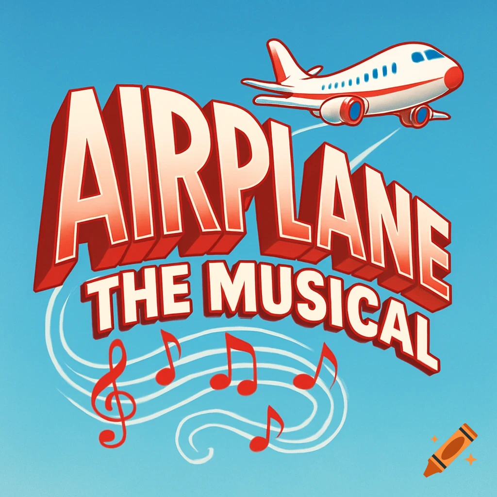 Cartoon logo for 'Airplane The Musical' with a red and white airplane flying above bold red 3D text and musical notes on a blue background.