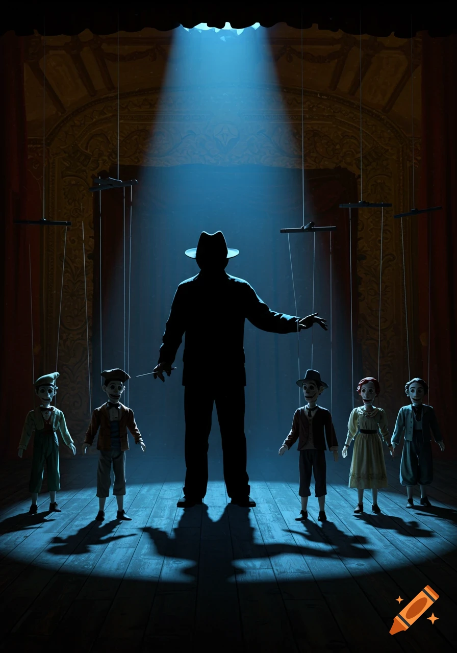 A silhouette of a puppeteer controls five marionette dolls on a stage under a dramatic blue spotlight.