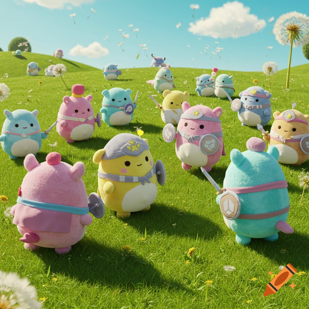 A field of colorful, cute, plush-like creatures resembling Squishmallows, some with tiny swords and shields, in a sunny grassy field with dandelions.