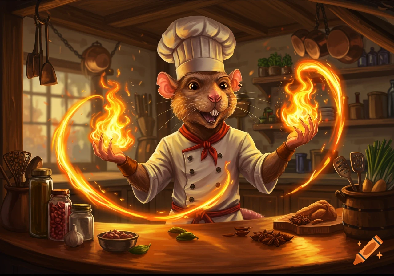 A fantasy rat chef in a white uniform conjures fire in its hands within a detailed, rustic kitchen.