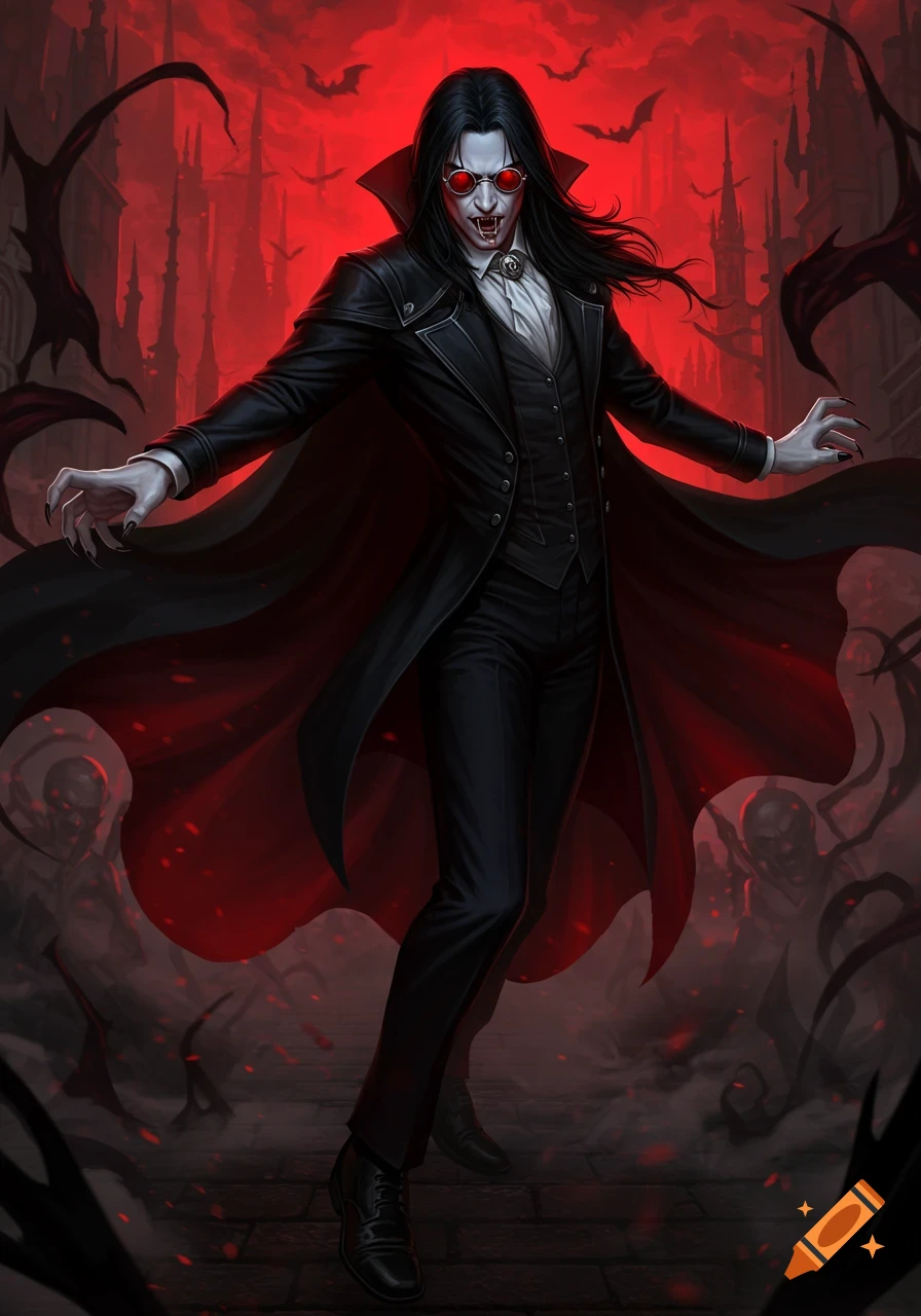 A dark fantasy illustration of a pale vampire lord with long black hair, red sunglasses, and fangs, in a black cloak against a gothic red sky.