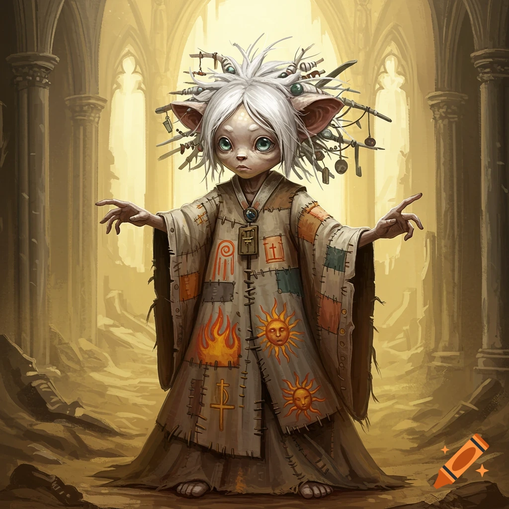 A small, pale, doll-like creature with messy white hair adorned with trinkets, wearing a patchwork robe with fire and sun symbols, standing in a ruined hall.