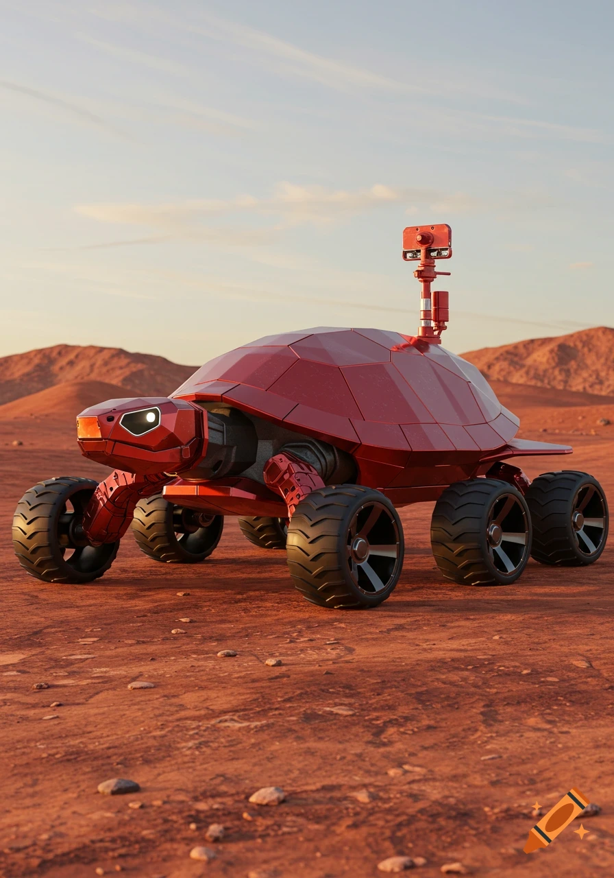 A red, hexagonal, turtle-shaped rover with six wheels and an antenna drives across a rocky, reddish Martian landscape under a clear sky.
