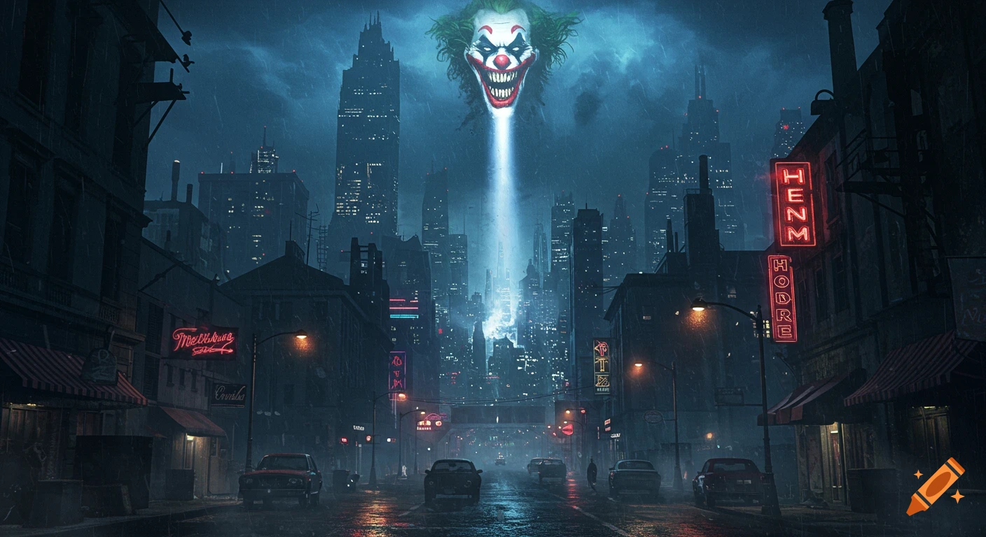 A giant, menacing Joker-like clown head with green hair shines a bright blue signal beam into a dark, rainy Gotham-style city skyline at night.