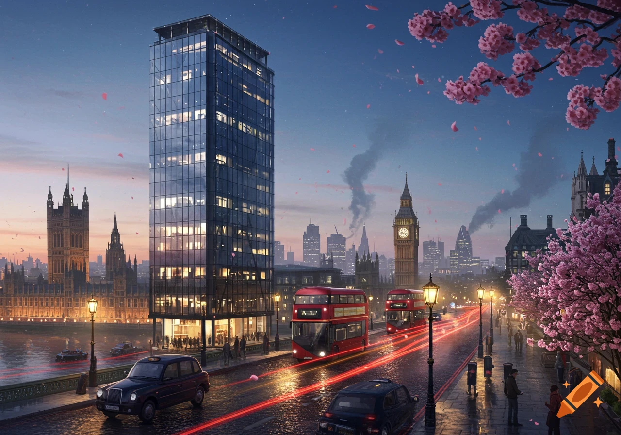 London cityscape at dusk with Big Ben, a modern skyscraper, red double-decker buses, and cherry blossoms.
