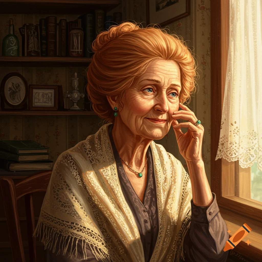 An elderly woman with red hair and blue eyes, wearing a lace shawl and green jewelry, smiles gently looking out a sunlit window, with bookshelves behind her.