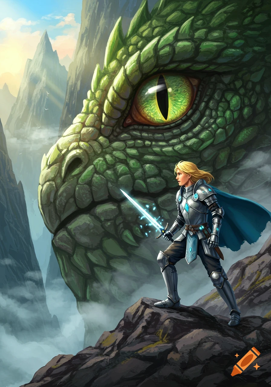 A human paladin with a glowing sword stands on a cliff, facing a giant green dragon's eye, against a mountain sunrise, digital art.