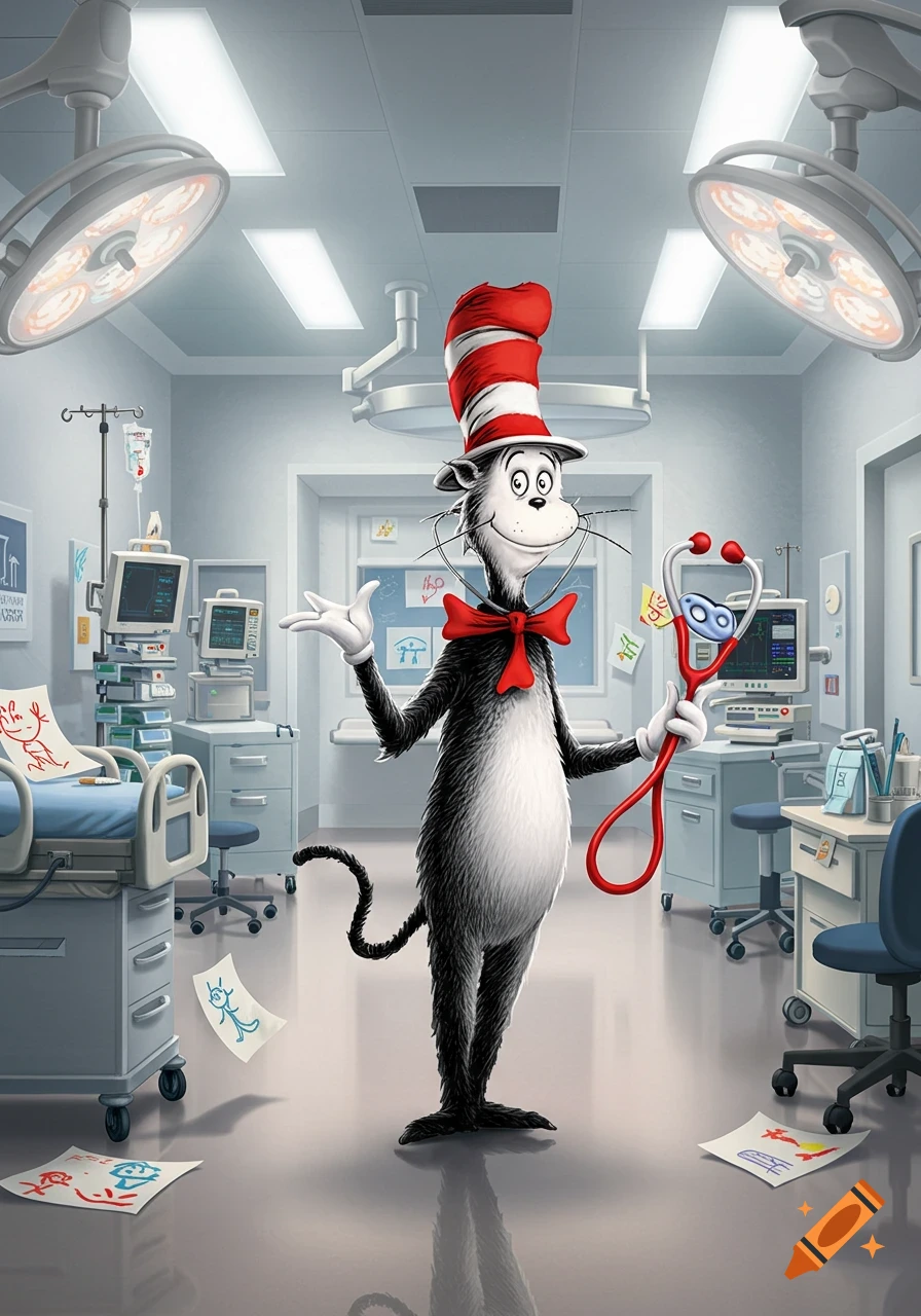 The Cat in the Hat, wearing his signature red and white striped hat and red bow tie, stands in a hospital room holding a red stethoscope.
