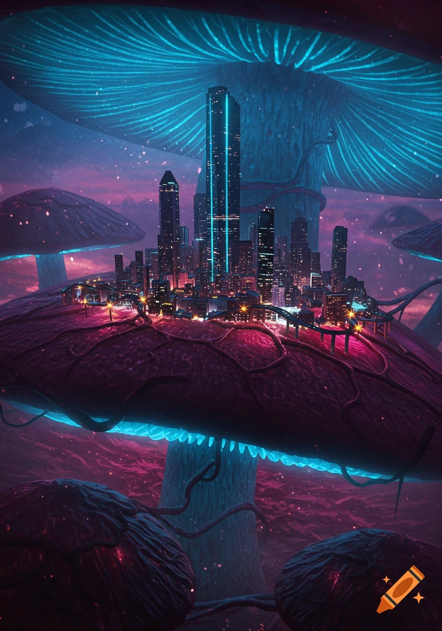 A neon-lit futuristic city built on giant glowing mushrooms under a cosmic purple sky.