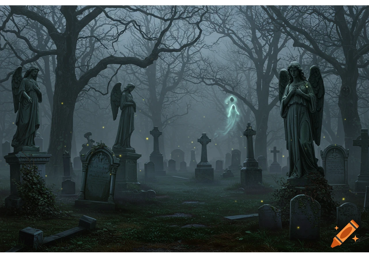 A foggy, eerie graveyard scene with stone angel statues, crosses, and tombstones. A faint, glowing ghostly figure floats in the background among bare, dark trees.