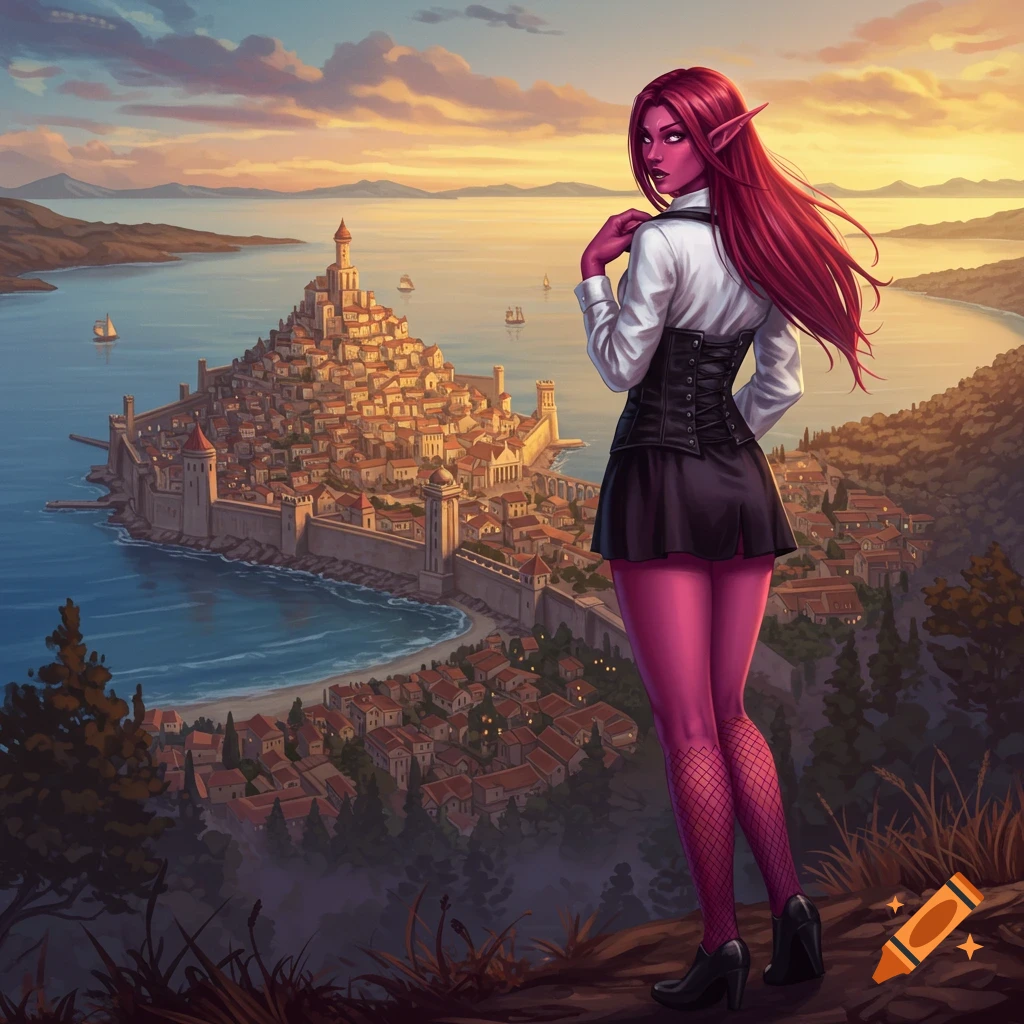 Red-skinned elf with long red hair stands on a hill overlooking a walled coastal city at sunset.