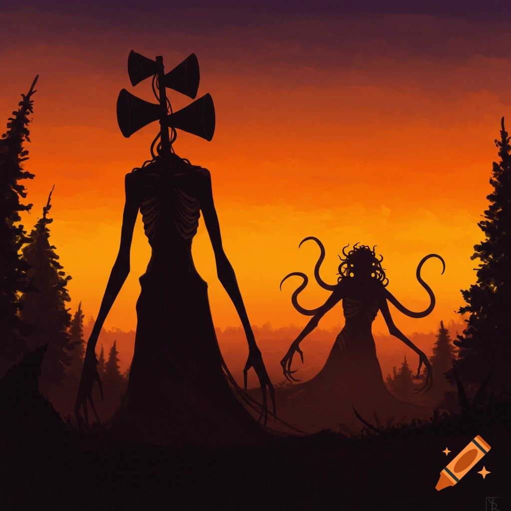Silhouettes of Siren Head and a tentacled monster against an orange and purple sunset in a forest.