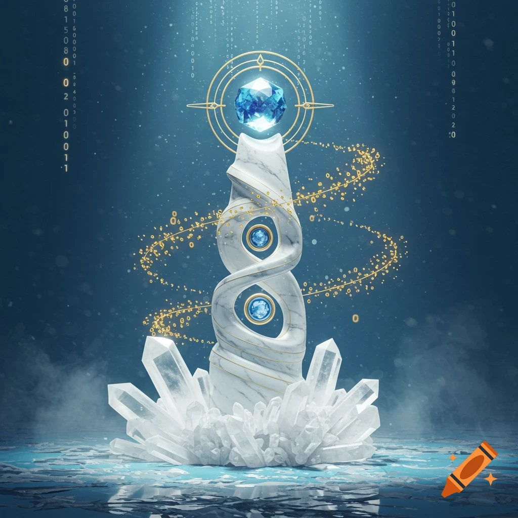 A glowing blue crystal on a white marble totem, surrounded by smaller crystals and golden swirls, with binary code in the background.