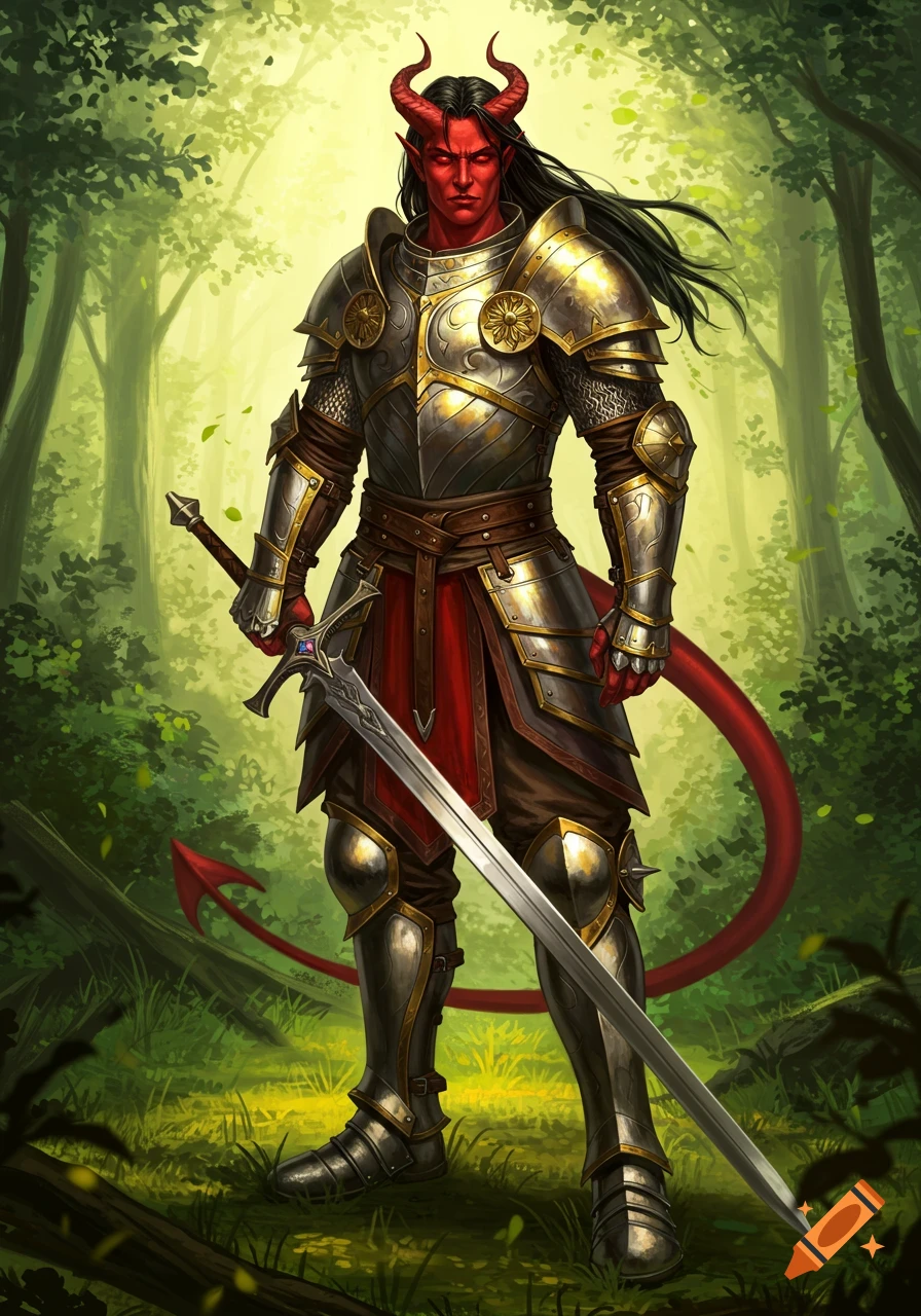 A male Tiefling Paladin with red skin and horns in silver and gold armor, holding a greatsword in a sunlit forest, digital art.