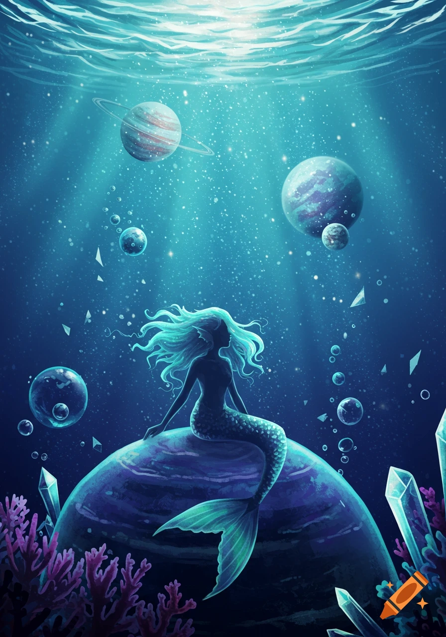 An illustration of a mermaid with flowing, glowing hair sitting on a planet underwater, surrounded by other planets and coral.