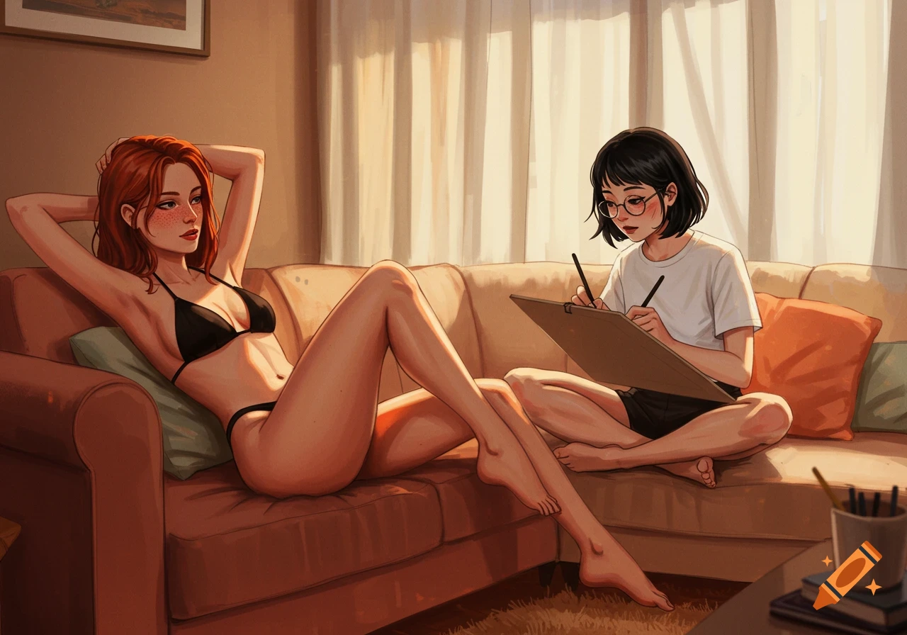 Digital art of a redhead woman in a black bikini posing on a couch while another woman with glasses sketches her.
