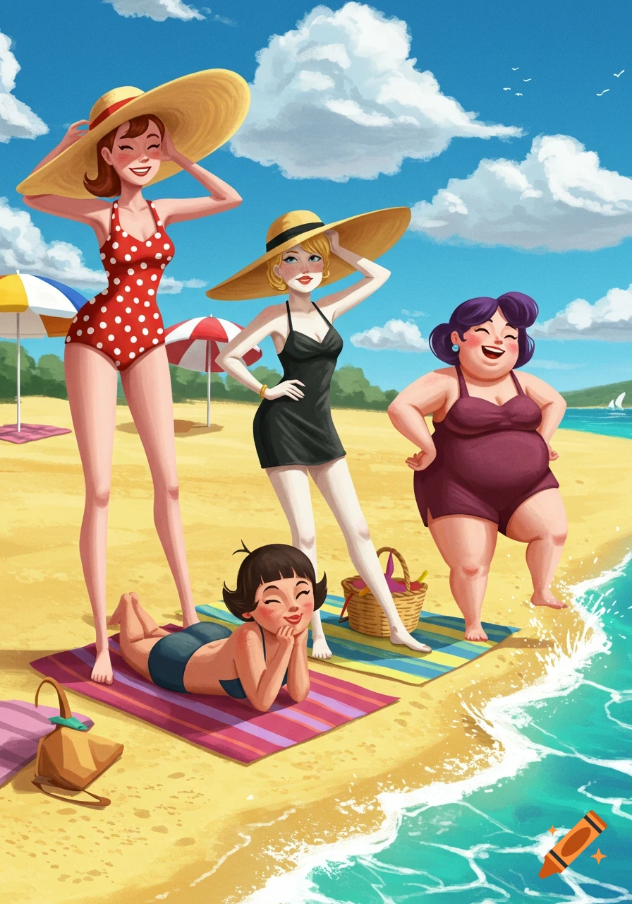 Four stylized women in vintage swimwear enjoying a sunny day at the beach.