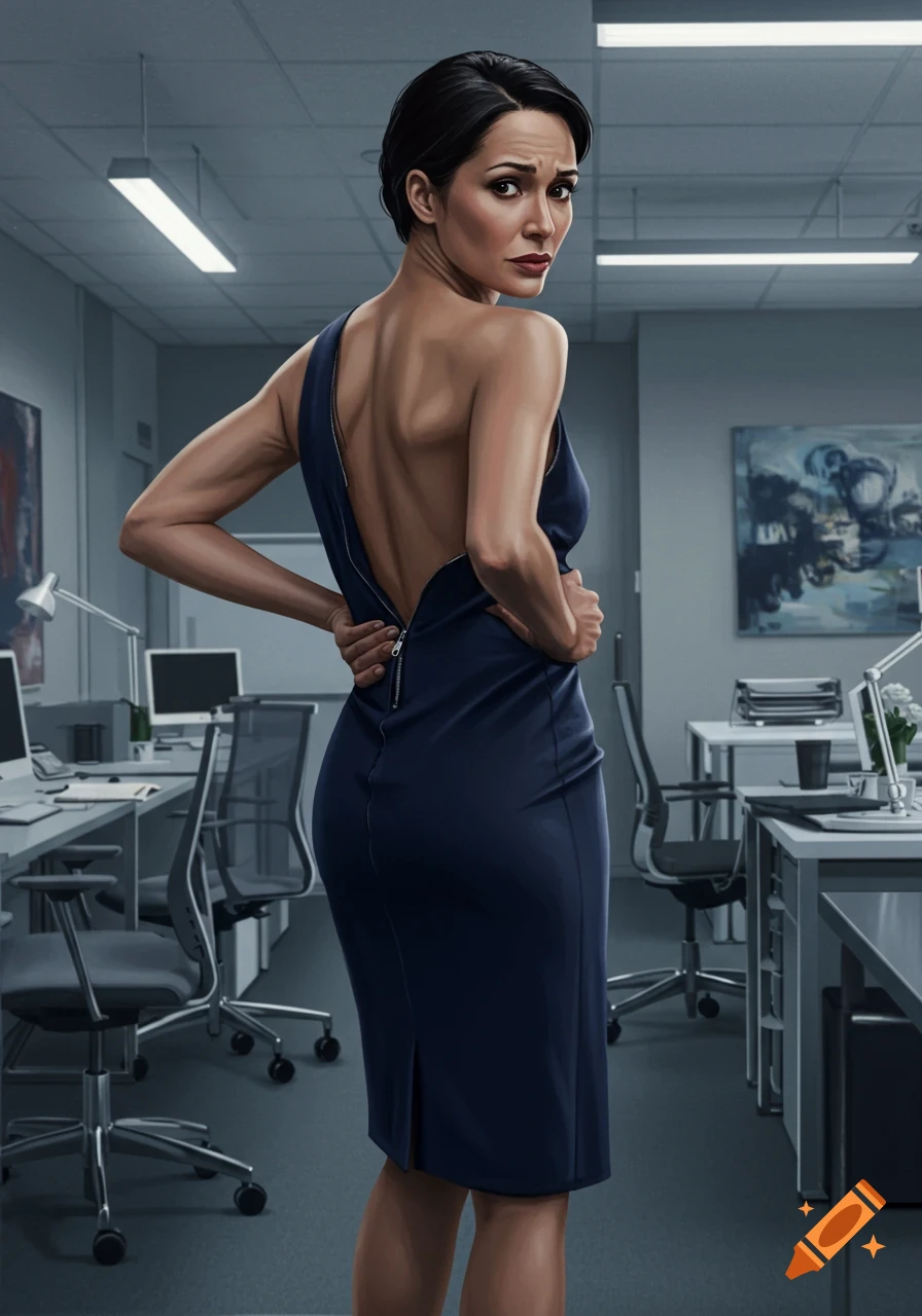 An illustration of a woman in an office, seen from behind, unzipping her dark blue dress. She looks over her shoulder with a concerned expression.