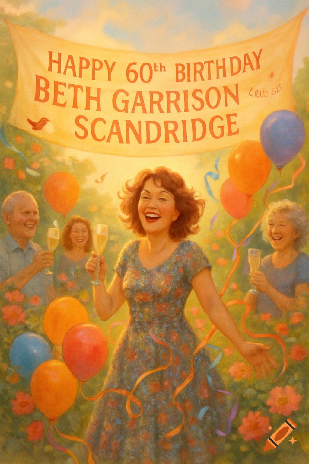 An oil painting of a woman celebrating her 60th birthday with friends and family, holding champagne glasses under a banner. Balloons and ribbons surround them.