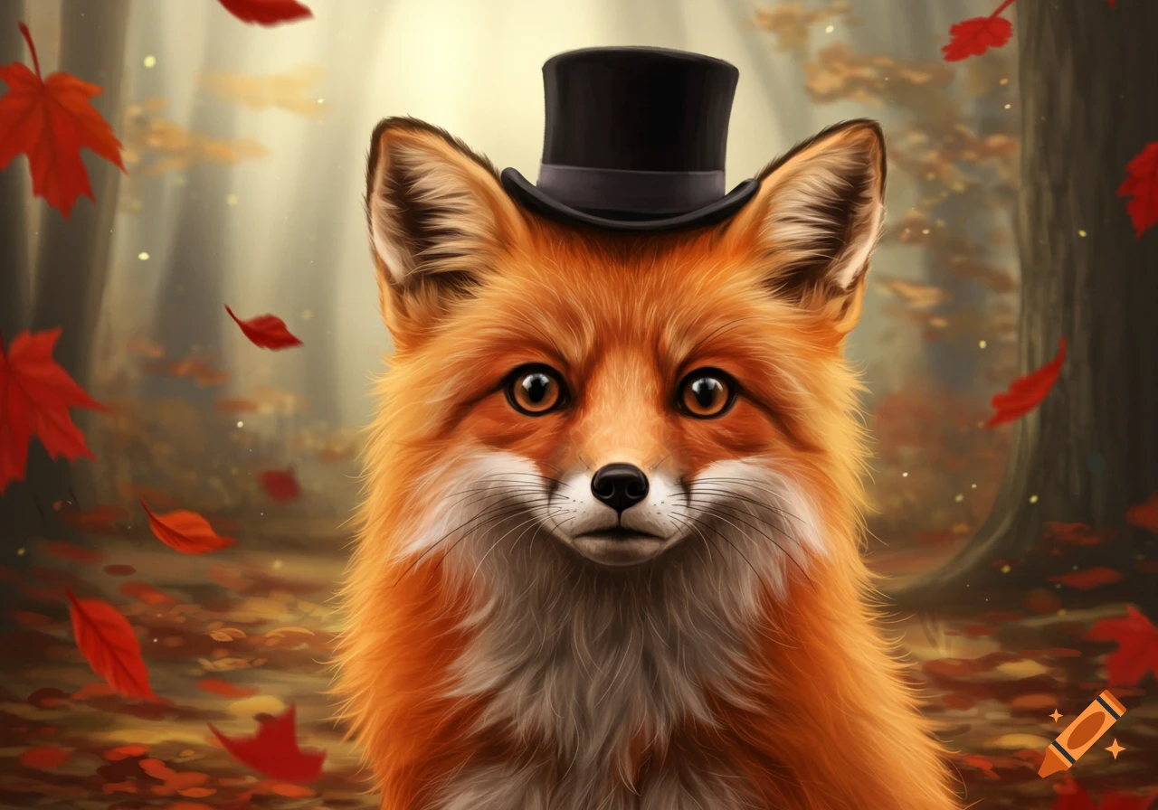 A cute red fox wearing a black top hat, looking directly at the viewer, in an autumn forest with falling red leaves. Digital art.
