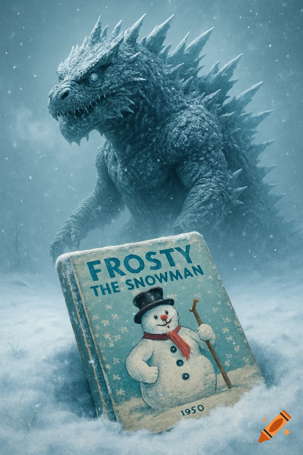 An icy, reptilian monster looms in a snowy landscape behind a vintage book 'FROSTY THE SNOWMAN' partially buried in snow.