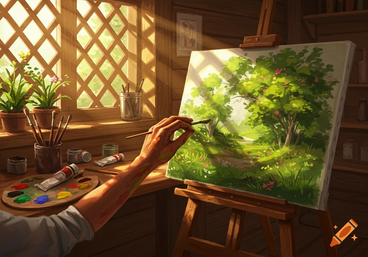 A painter's hand works on a landscape canvas on an easel, bathed in warm sunlight through a window in a cozy studio.