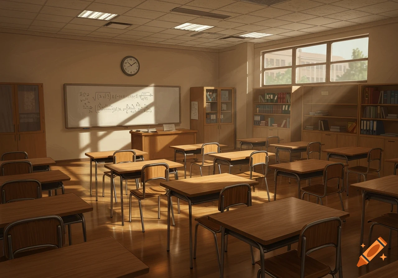 An empty anime-style university classroom with wooden desks, a whiteboard, and sunlight streaming through large windows.