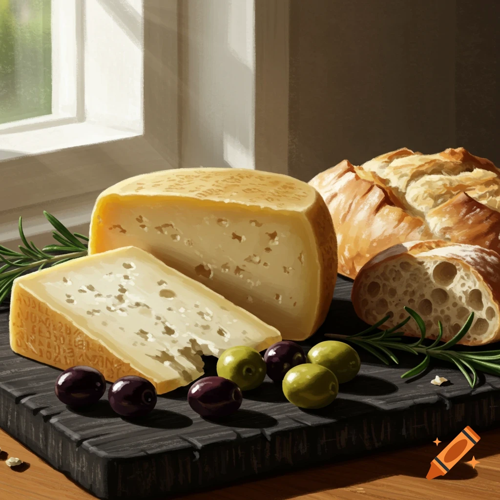 Still life painting of a wheel and wedge of cheese, bread, and olives on a dark cutting board near a sunlit window.