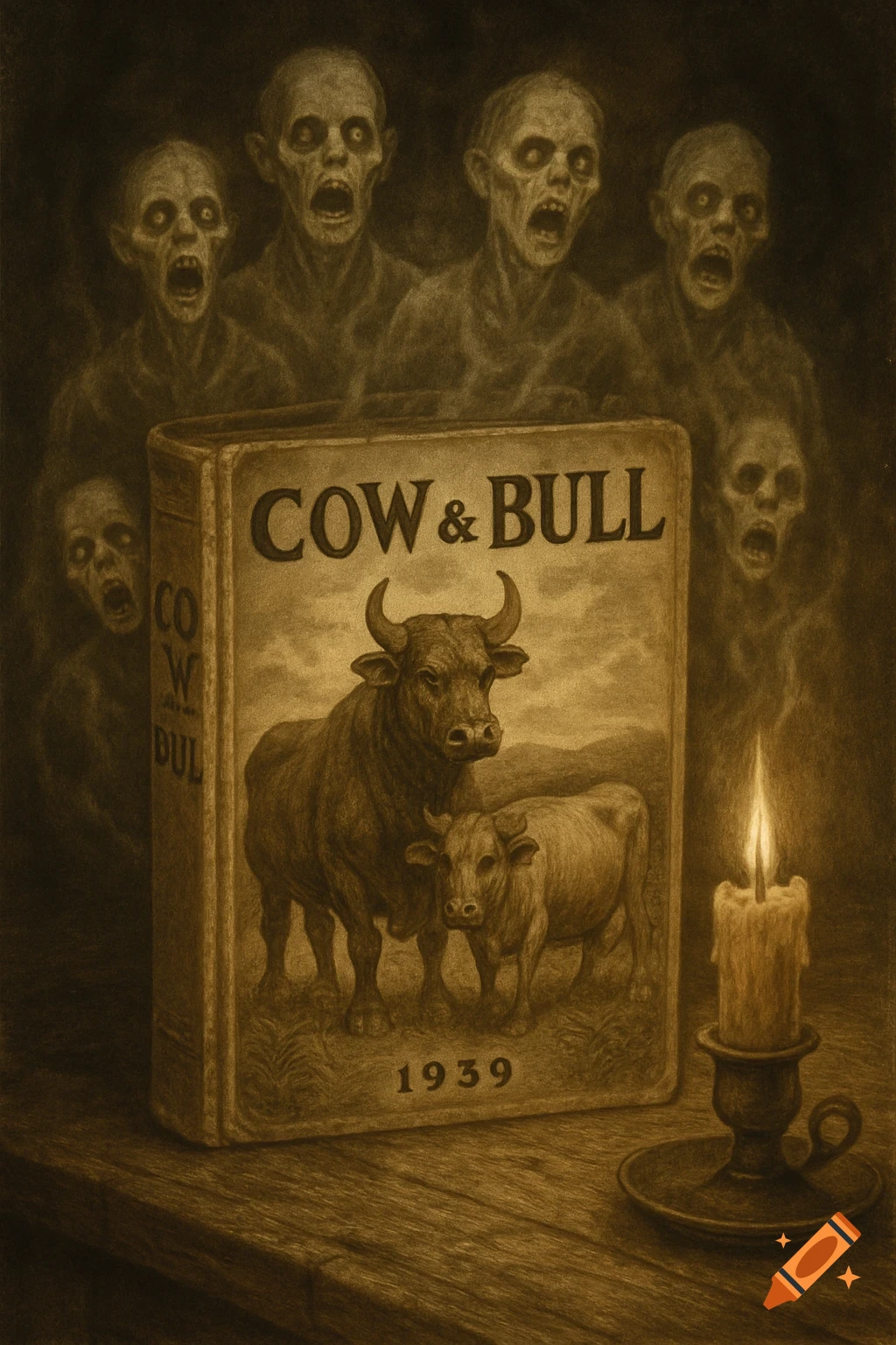 A sepia-toned vintage book titled 'COW & BULL' from 1939, with an illustration of a cow and bull, surrounded by ghostly, screaming zombie figures and lit by a candle.
