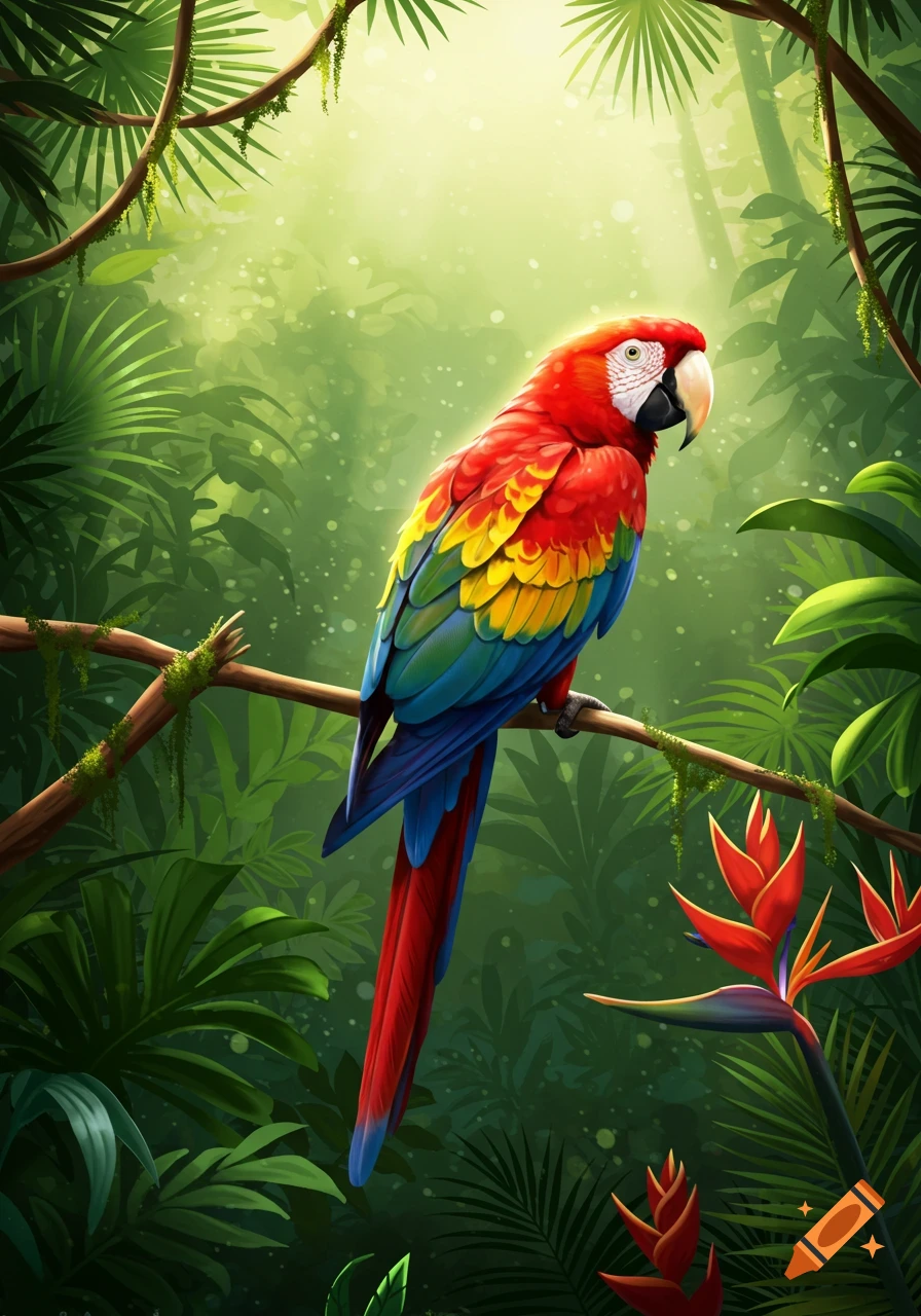 A colorful parrot with red, blue, and yellow feathers perches on a branch in a lush, sunlit tropical jungle illustration.
