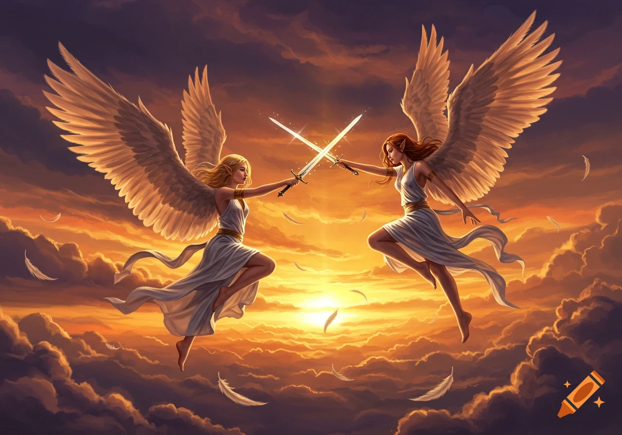 Two winged female angels in white robes clash swords mid-air against a vibrant orange and purple sunset sky with clouds and falling feathers.