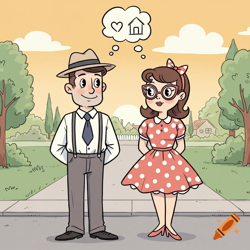 A cheerful cartoon man in a fedora and suspenders stands beside a woman in a polka-dot dress and cat-eye glasses, dreaming of a heart and a house in a suburban setting.